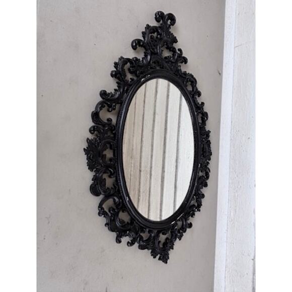 Vintage Oval Wall Hanging Mirror Ornate Black Scroll Border Chippy Shabby Chic - Picture 1 of 12